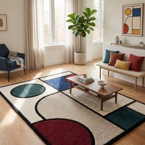 May include: A rectangular area rug featuring a geometric pattern with large shapes in deep red, dark blue, and teal against a cream-coloured background. The design includes bold black outlines defining circles, semicircles, and squares across the surface.