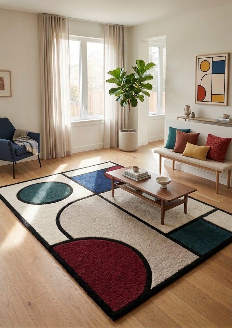 May include: A rectangular area rug featuring a geometric pattern with large shapes in deep red, dark blue, and teal against a cream-coloured background. The design includes bold black outlines defining circles, semicircles, and squares across the surface.