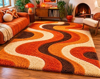 70s Retro Orange Wave Shag Rug | Mid-Century Modern Living Room Decor Carpet