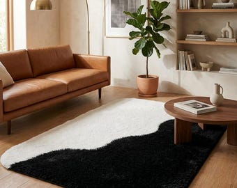 Abstract Monochrome Plush Rug: Hand-Tufted Wavy Design for Hallway or Living Room.
