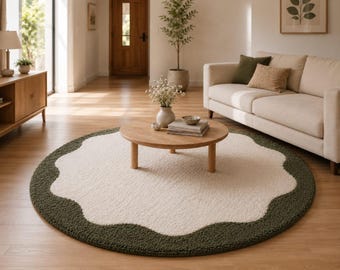 Large Scalloped Round Area Rug - Modern Sage Green & Cream Wavy Border Plush Carpet
