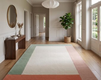 Hand-Tufted Minimalist Color Block Rug - Pastel Green, Orange, and Pink