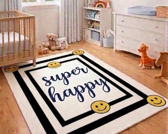 Super Happy" Smiley Face Hand-Tufted Area Rug in White and Navy Blue