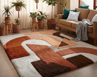 Boho High-Pile Area Rug with Abstract Arch Design – Rust Orange, Chocolate Brown, and Ivory