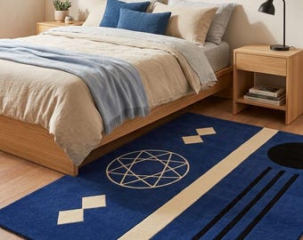 Hand-Tufted Navy Blue Area Rug – Modern Geometric Abstract Design – Premium Wool for Living Room & Bedroom