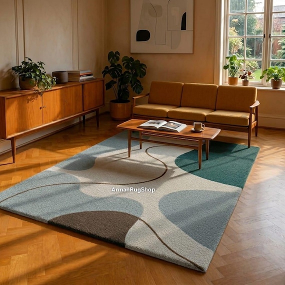 Mid-Century Modern Abstract Rug | Blue, Green, Taupe Color Block Area Rug