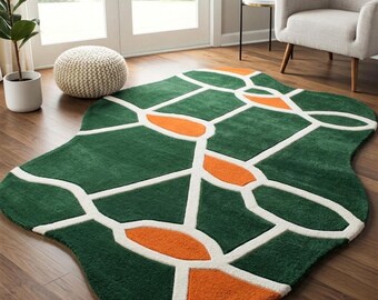 Modern Abstract Irregular Green & Orange Geometric Area Rug