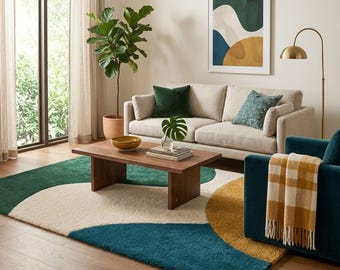 Mid-Century Modern Wavy Abstract Rug | Plush Geometric Accent Carpet, Mustard Yellow Teal Green