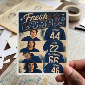 May include: A rectangular sticker titled Fresh Off CAMPUS featuring four portraits of men in blue jerseys alongside four blue jerseys with names and numbers: Graham 44, Logan 22, Di Laurentis 66, and Tucker 46. The design has a distressed texture.