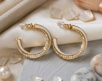 Gold Plated Vintage Style Enamel Hoop Earrings, Cubic Zirconia Half Hoops, 925 Silver Post, Hypoallergenic Everyday Jewelry, Gift for Her