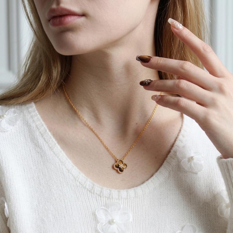 Tiger Eye Clover Jewelry Set, Four Leaf Clover Necklace Bracelet Earrings, Lucky Clover Charmed Jewelry, Minimalist Lucky Gift for Women image 5