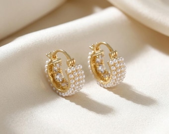 Pearl Hoop Earrings, Delicate Gold Huggie, Romantic French Style Jewelry Gift, Dainty Bridal Jewelry, Gift for Her, Minimalist Daily Earring