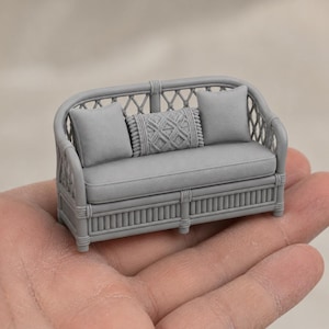 Miniature Rattan Sofa STL, 1:12 Dollhouse Boho Couch Set