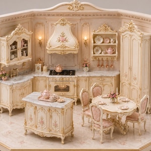Op de afbeelding: Een miniatuur poppenhuiskeukenset met crèmekleurige kasten, gouden accenten en bloemmotieven. De set bevat een kookeiland met marmeren blad, een eettafel met vier gestoffeerde stoelen, een fornuis, een gootsteen en wandplanken.