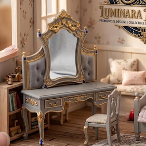 May include: A miniature bedroom scene with a gray vanity, mirror, and chair. The room includes a bed, bookshelf, and a teddy bear. The walls are decorated with floral wallpaper. The logo "Luminara Miniature" is visible on the wall.