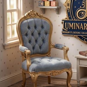 May include: A miniature dollhouse bedroom scene featuring a blue upholstered chair with gold trim, a white nightstand, and a sign that reads "Luminara Miniature." The room includes a window, shelves with toys, and a teddy bear.