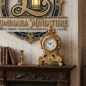 May include: A miniature dollhouse interior scene featuring a fireplace, sofa, and bookshelf. A gold clock and a sign that reads "Luminara Miniature" are on the mantel. The sign has a blue and gold design with a lantern.