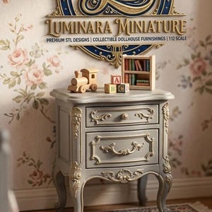 May include: A gray miniature nightstand with gold accents, a wooden train, alphabet blocks, and a miniature bookshelf. The wall features a floral pattern and a sign that reads "Luminara Miniature".