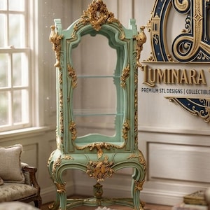 Op de afbeelding: Een miniatuur vitrinekast in mintgroen met gouden accenten. De kast heeft glazen planken en sierlijke details. De afbeelding toont ook een decoratief wandbord met de tekst "Luminara Miniature".