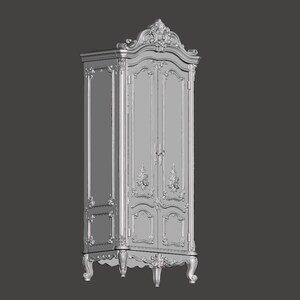 May include: A light gray, tall, two-door wardrobe featuring intricate carved floral and scrollwork detailing on the panels, a decorative arched crown at the top, and four curved legs. The cabinet has vertical side panels and metal handles.