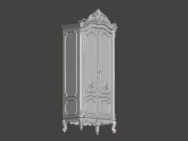 May include: A light gray, tall, two-door wardrobe featuring intricate carved floral and scrollwork detailing on the panels, a decorative arched crown at the top, and four curved legs. The cabinet has vertical side panels and metal handles.