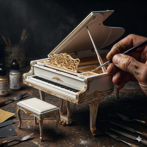 May include: A miniature white grand piano with gold accents and black and white keys. The piano has an open lid and is accompanied by a matching bench. A hand with a paintbrush is visible, suggesting the piano is being painted.