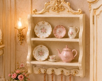 Dollhouse Wall Shelf STL, Rococo Kitchen Shelf With Hooks 1:12 Decor