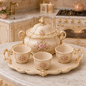 May include: A cream-colored ceramic serving set featuring a lidded tureen with two handles, three matching bowls, and an oval tray. Each piece is decorated with raised pink rose floral motifs and intricate gold-toned scrollwork detailing.