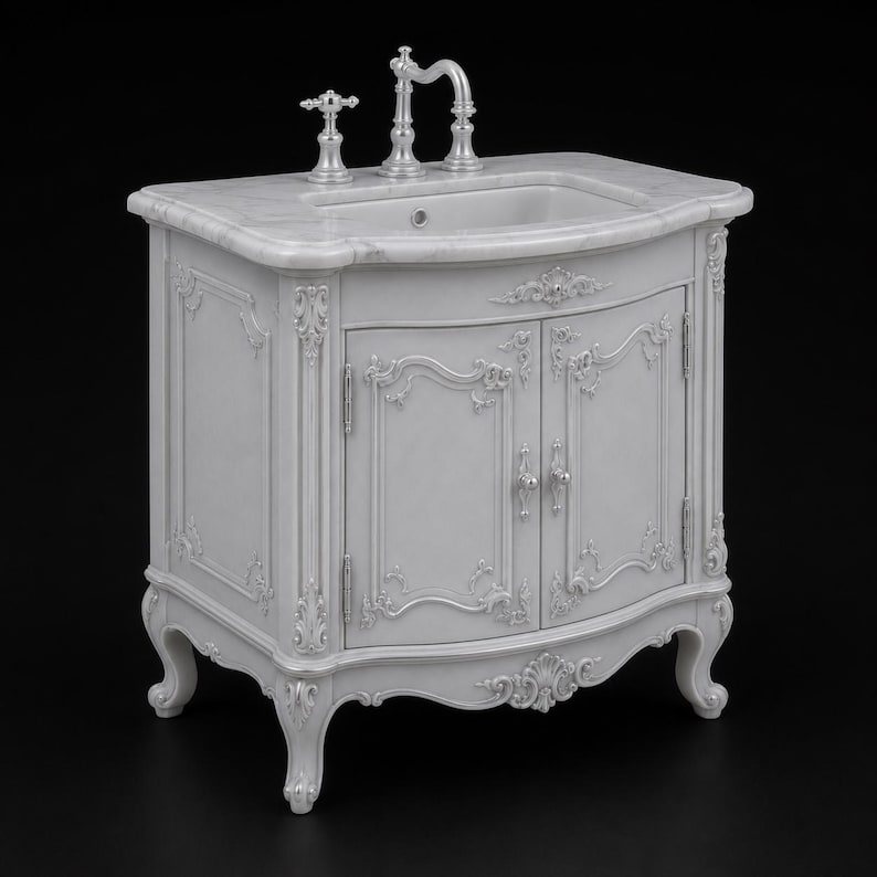 May include: A light gray bathroom vanity cabinet featuring two doors with ornate carved detailing, curved legs, and a white marble countertop. The vanity includes a white ceramic sink basin and a polished chrome faucet with two separate handles.