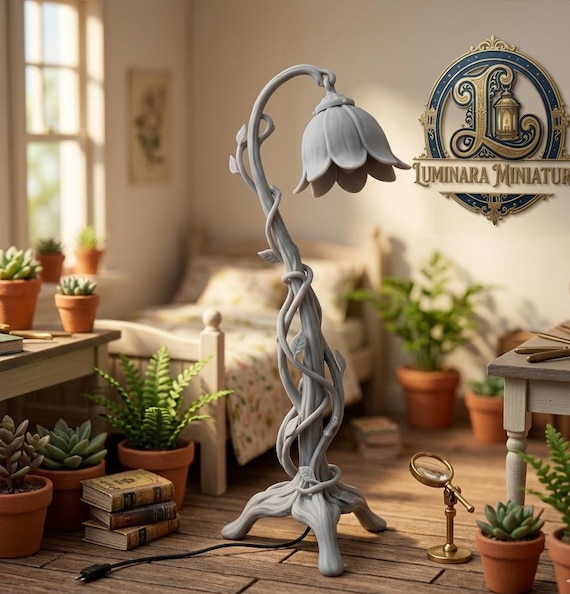 Botanical Dollhouse Lamp STL 3D Print, Art Nouveau Miniature Flower Light