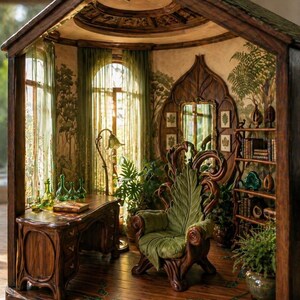 Może przedstawiać: Miniaturowa, szczeg&oacute;łowa diorama przytulnego, fantazyjnego pokoju. Wnętrze wyposażone jest w drewniane biurko, zielony aksamitny fotel i regał na książki. Ściany zdobi mural o tematyce przyrodniczej, a okna zasłonięte są zielonymi zasłonami. Pok&oacute;j jest wypełniony roślinami.