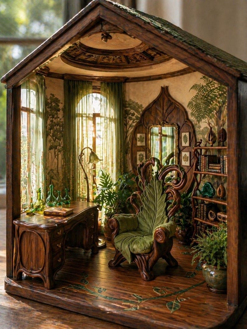 Może przedstawiać: Miniaturowa, szczeg&oacute;łowa diorama przytulnego, fantazyjnego pokoju. Wnętrze wyposażone jest w drewniane biurko, zielony aksamitny fotel i regał na książki. Ściany zdobi mural o tematyce przyrodniczej, a okna zasłonięte są zielonymi zasłonami. Pok&oacute;j jest wypełniony roślinami.