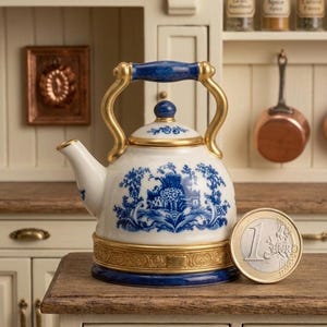 Puede incluir: Una tetera de porcelana blanca y azul en miniatura con detalles dorados. La tetera presenta un diseño floral azul y blanco y una base dorada. Una moneda de un euro está al lado de la tetera.