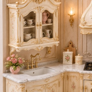 May include: A miniature kitchen set featuring a cream-colored wall cabinet with glass doors, gold trim, and floral accents. Below, a white marble countertop holds a gold faucet, a pink vase with roses, and two ceramic canisters with floral designs.