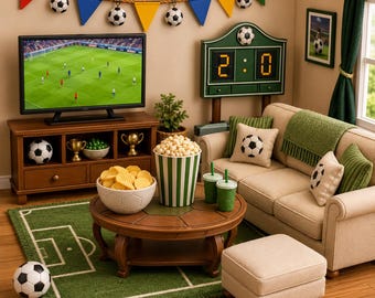 Pacchetto STL per festa a tema calcio, miniatura per casa delle bambole in scala 1:12, decorazione per stanza dei tifosi di calcio, divano TV, snack, tappeto, tabellone segnapunti