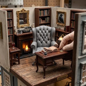 Może przedstawiać: Szczegółowa miniaturowa scena biblioteki z szarym skórzanym fotelem, kominkiem i regałami wypełnionymi maleńkimi książkami. Na pierwszym planie biurko z otwartą książką, kałamarzem i lupą. Ręka sięga w stronę biurka. Scena jest ciepło oświetlona.