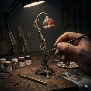 Może przedstawiać: Miniaturowa lampa o kwiatowym wzorze. Lampa ma brązowy trzon z wijącymi się pnączami i liśćmi, zwieńczony kloszem w kształcie kwiatu w odcieniach czerwieni, pomarańczy i ż&oacute;łci. Na drewnianej powierzchni z materiałami malarskimi.