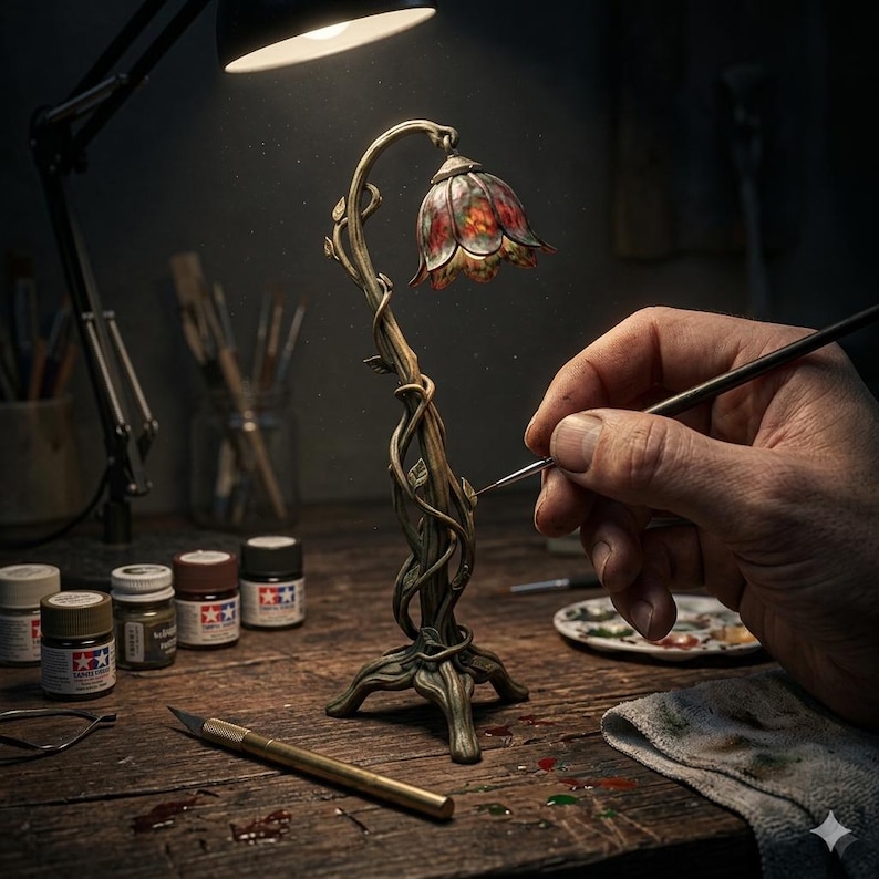 Może przedstawiać: Miniaturowa lampa o kwiatowym wzorze. Lampa ma brązowy trzon z wijącymi się pnączami i liśćmi, zwieńczony kloszem w kształcie kwiatu w odcieniach czerwieni, pomarańczy i ż&oacute;łci. Na drewnianej powierzchni z materiałami malarskimi.
