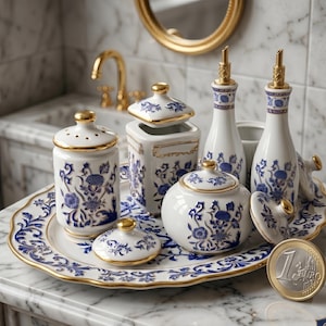Può includere: Un set da bagno in ceramica bianca con disegni floreali blu e dettagli dorati. Il set comprende bottiglie, barattoli e un vassoio. Una moneta da 1 euro è in primo piano.