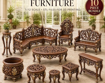 May include: A 10-piece bundle of 1:12 scale Victorian garden furniture STL files for 3D printing. The set includes a sectional sofa, an armchair, a bench, a coffee table, a plant stand, a planter, two stools, a side table, and a console table.