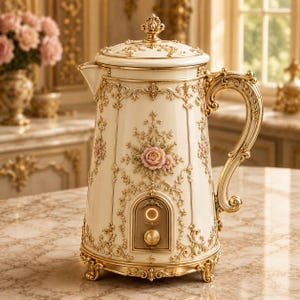 May include: An off-white electric kettle featuring intricate gold filigree detailing, a sculpted pink rose emblem, and a matching lid. The base includes a circular control dial and a glowing indicator light, all finished with ornate gold trim and feet.