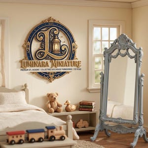 May include: A miniature bedroom scene featuring a large, ornate, gray-blue mirror. A sign on the wall reads "Luminara Miniature" with the text "Premium STL Designs | Collectible Dollhouse Furnishings | 1:12 Scale". A teddy bear and toy train are also visible.