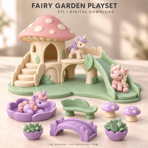 Könnte beinhalten: Ein digitales Feengarten-Spielset zum Herunterladen mit einem pilzförmigen Haus inklusive Rutsche, zwei Einhornfiguren, einer violetten Brücke, einer Bank, zwei kleinen Pilzhockern und zwei Sukkulenten in Pastelltönen wie Rosa, Lila und Grün.