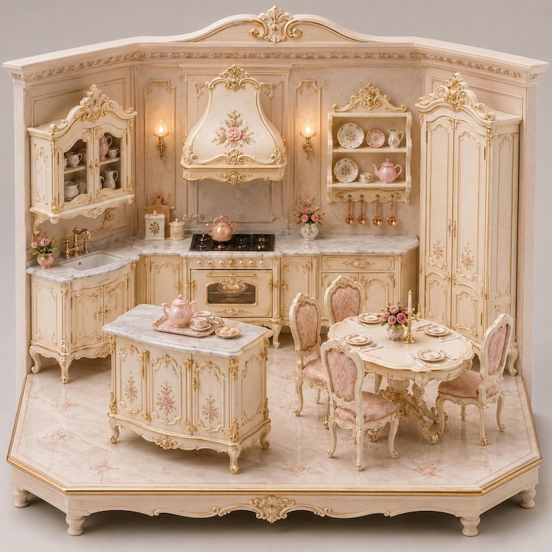 May include: A miniature dollhouse kitchen set featuring cream-colored cabinetry with gold accents and floral motifs. The set includes a marble-topped island, a dining table with four upholstered chairs, a stove, a sink, and wall-mounted shelving.