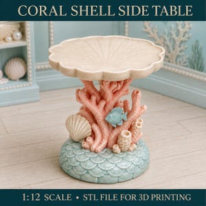 May include: A 1:12 scale side table featuring a scalloped, shell-shaped tabletop in beige. The base is sculpted as pink coral branches with a small blue fish and a white seashell, resting on a circular, light blue, scale-patterned pedestal base.