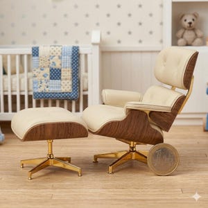 May include: Miniature mid-century modern style chair and ottoman set. The chair and ottoman have cream-colored cushions, dark wood accents, and gold-colored metal bases. A one Euro coin is next to the chair.