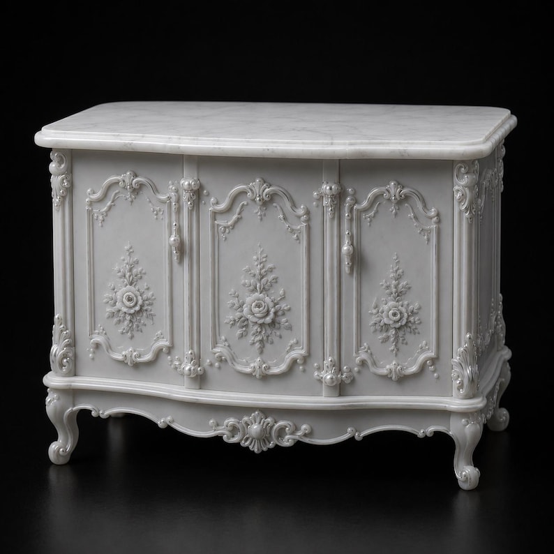 May include: A light gray cabinet featuring a smooth marble top and three doors. The front panels are decorated with intricate floral carvings and scrollwork details. The piece stands on four curved legs and has a polished, uniform finish.
