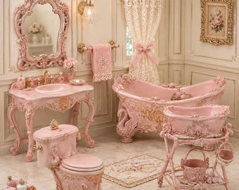 Può includere: Un set da bagno in miniatura con mobile lavabo rosa con specchio, WC rosa, vasca da bagno rosa con motivi a cigno, lavabo su carrello, tenda in pizzo, asciugamano, tappeto e cestino, il tutto rifinito con dettagli dorati.