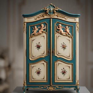 May include: A teal and cream-colored armoire with gold accents. The cabinet features cherub sculptures and floral painted panels. The doors have a decorative keyhole and are framed with gold trim. The top of the armoire has a decorative shell design.