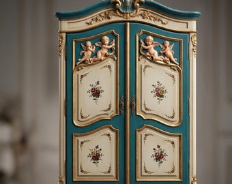Può includere: Un'armadio color turchese e crema con dettagli dorati. L'armadio presenta sculture di cherubini e pannelli dipinti con fiori. Le porte hanno serrature decorative e sono incorniciate con finiture dorate. La parte superiore dell'armadio ha un design a conchiglia.